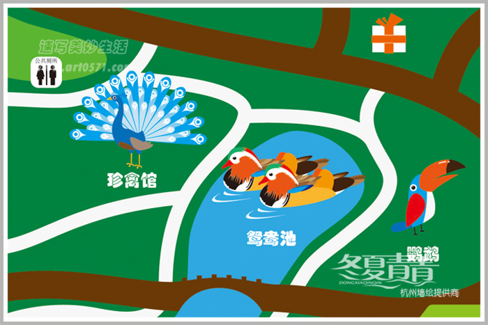 杭州手绘地图设计 杭州冬夏青青墙绘 杭州动物园手绘地图
